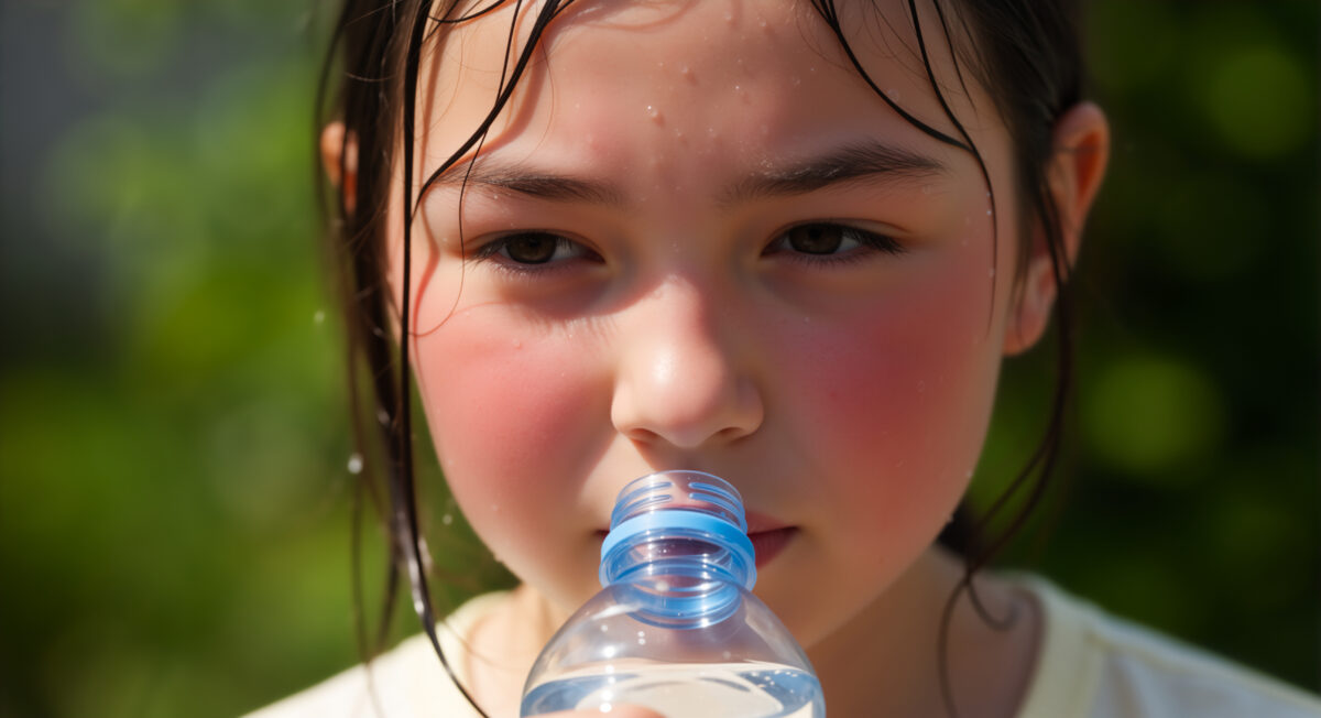 Young girl drinking water from a plastic bottle. Child staying hydrated on a hot day